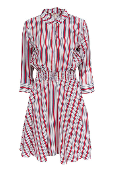 Collared Viscose Striped Print 3/4 Sleeves Button Front Ruched Wrap Lace-Up Shirt Dress