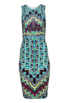 Geometric Print Round Neck Button Closure Stretchy Bodycon Dress/Midi Dress