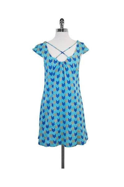 V-neck Pocketed Geometric Print Cap Sleeves Scoop Neck Cotton Dress