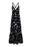 A-line V-neck Sleeveless Floral Print Lace Trim Ballerina Gathered Snap Closure Dress With a Ribbon and Ruffles