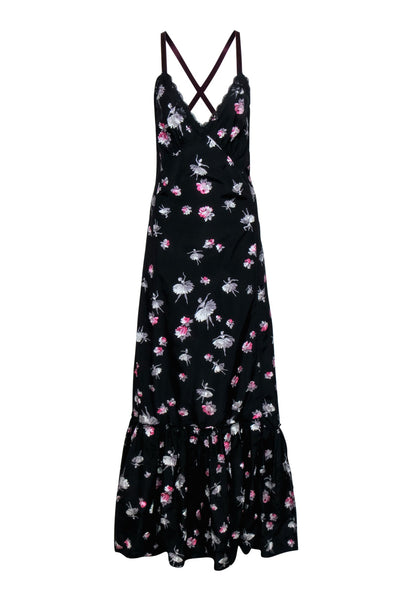A-line V-neck Ballerina Lace Trim Sleeveless Floral Print Gathered Snap Closure Dress With a Ribbon and Ruffles