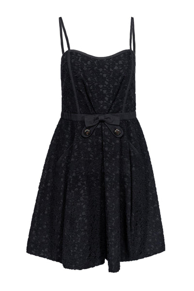 Sweetheart Pocketed Fitted Fit-and-Flare Little Black Dress/Party Dress With a Bow(s)