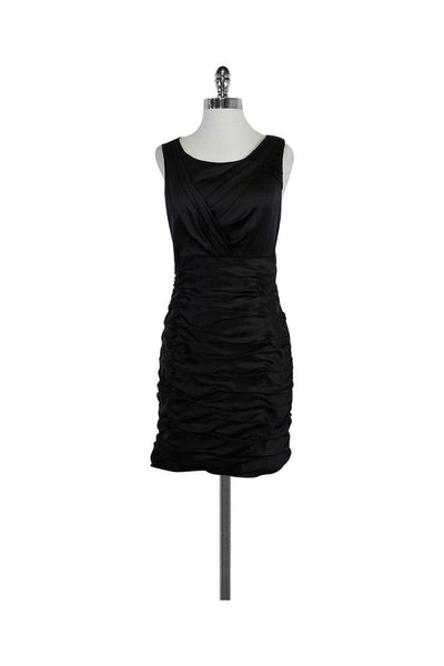 Sophisticated Crew Neck Pleated Fitted Hidden Back Zipper Ruched Mesh Little Black Dress