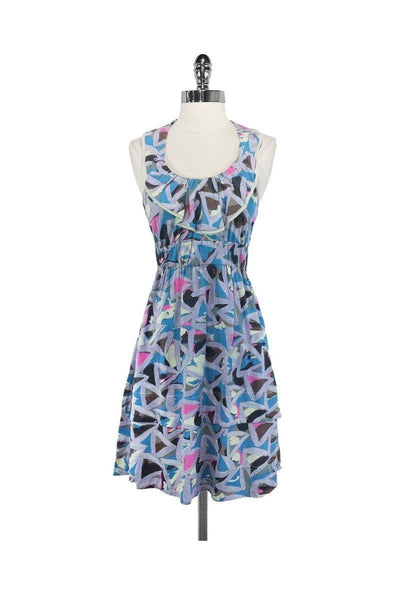 Cotton Collared Below the Knee Elasticized Waistline Abstract Print Dress With Ruffles
