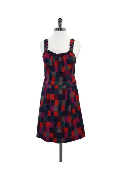 Sleeveless Cotton Hidden Side Zipper Checkered Print Dress With a Bow(s) and Ruffles