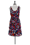 Abstract Print Silk Round Neck Back Zipper Dress With Ruffles