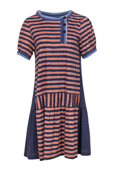 Short Sleeves Sleeves Round Neck Striped Print Cotton Summer Button Closure Asymmetric Shift Dropped Waistline Dress