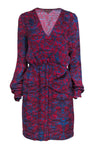 Plunging Neck Drawstring General Print Silk Long Sleeves Peasant Dress With Ruffles