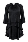 Bell Sleeves Cutout Tiered Self Tie Scoop Neck Little Black Dress With Ruffles