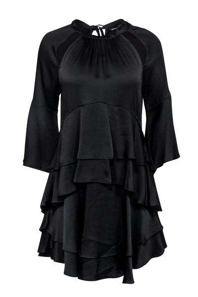 Bell Sleeves Scoop Neck Self Tie Cutout Tiered Little Black Dress With Ruffles