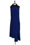 Collared Round Neck Beaded Ribbed Side Zipper Button Front Crepe Below the Knee Dress