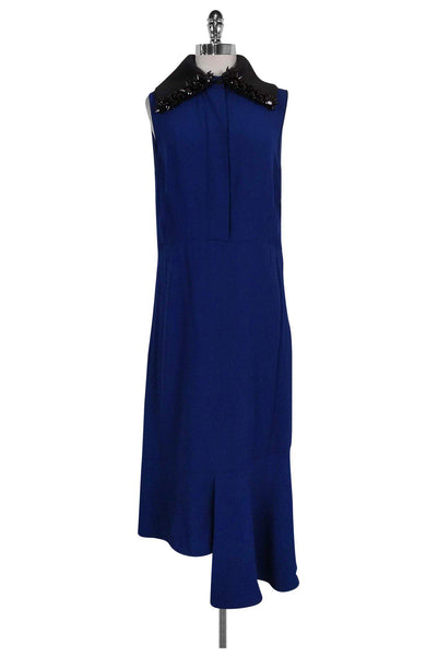 Below the Knee Ribbed Button Front Side Zipper Beaded Crepe Collared Round Neck Dress