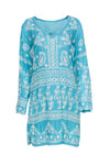 V-neck Embroidered Shift Rayon Long Sleeves Lace Trim Beach Dress