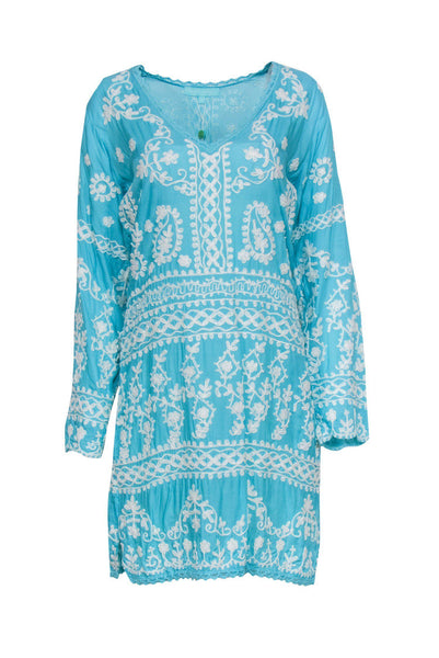 V-neck Rayon Shift Lace Trim Long Sleeves Embroidered Beach Dress