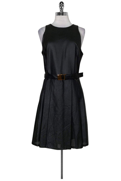 Above the Knee Belted Hidden Back Zipper Round Neck Sleeveless Flared-Skirt Dress