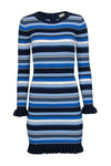 Ruffle Trim Long Sleeves Striped Print Ribbed Stretchy Round Neck Bodycon Dress