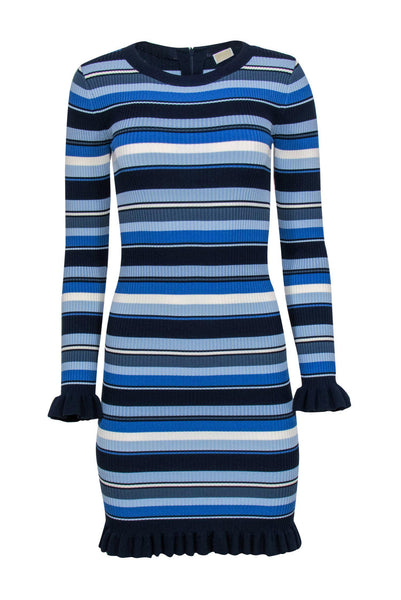 Stretchy Ribbed Striped Print Round Neck Long Sleeves Ruffle Trim Bodycon Dress