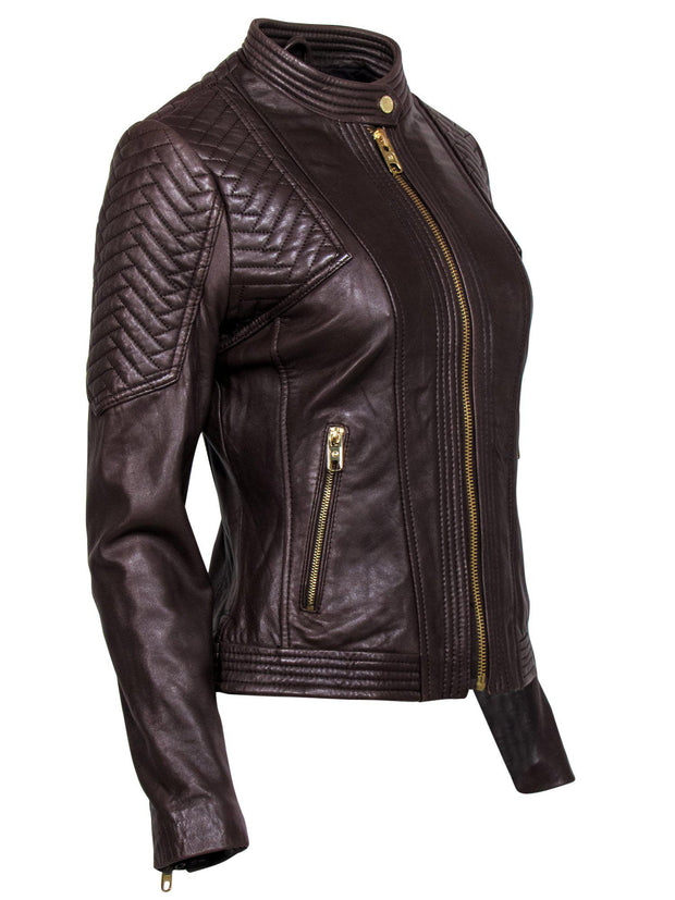Michael Michael Kors - Brown Leather Zip-Up Moto Jacket w/ Quilted Sho –  Current Boutique