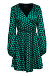 Fit-and-Flare Long Sleeves Polka Dots Print Wrap Fitted Dress