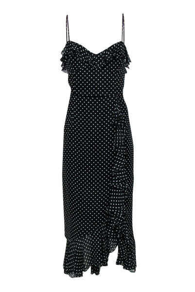 Sleeveless Polka Dots Print Sweetheart Hidden Side Zipper Slit Ruffle Trim Maxi Dress