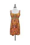 Hidden Side Zipper Paisley Print Cotton Lace Trim Sleeveless Dress