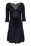 V-neck Hidden Side Zipper Fitted Elasticized Tie Waist Waistline Fit-and-Flare Little Black Dress With Ruffles