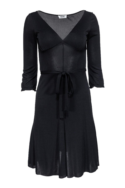 V-neck Fit-and-Flare Elasticized Tie Waist Waistline Hidden Side Zipper Fitted Little Black Dress With Ruffles