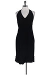 Sexy Above the Knee Shift Halter Open-Back Hidden Side Zipper Little Black Dress With Ruffles