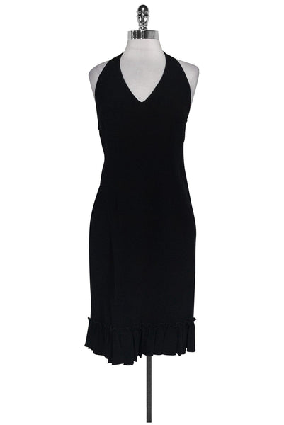 Sexy Halter Above the Knee Hidden Side Zipper Open-Back Shift Little Black Dress With Ruffles