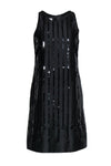 Tall Striped Print Shift Scoop Neck Jeweled Sequined Hidden Back Zipper Vintage Sleeveless Little Black Dress