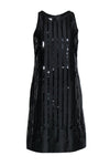 Tall Striped Print Scoop Neck Sleeveless Hidden Back Zipper Jeweled Vintage Sequined Shift Little Black Dress