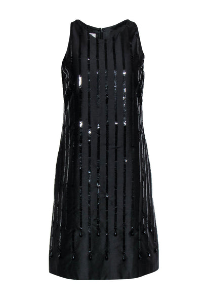 Tall Scoop Neck Sleeveless Striped Print Shift Jeweled Sequined Hidden Back Zipper Vintage Little Black Dress