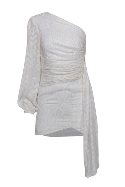 Chevron Print Short Long Sleeves One Shoulder Polyester Grecian Hidden Side Zipper Draped Dress