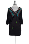 Beaded Embroidered Lace-Up V Back Cold Shoulder Sleeves Beach Dress/Tunic
