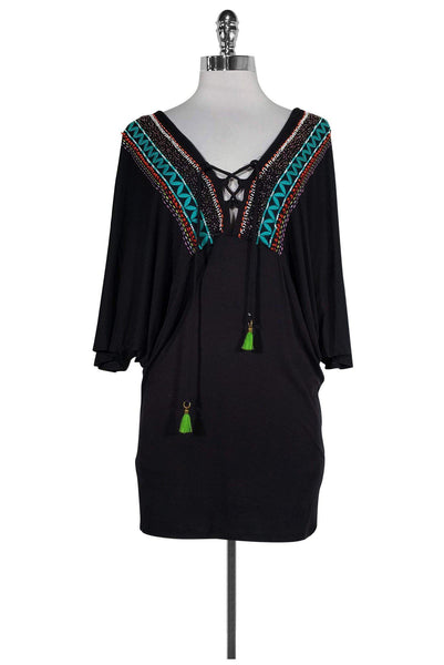 V Back Beaded Lace-Up Embroidered Cold Shoulder Sleeves Beach Dress/Tunic