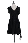 Collared Round Neck Drawstring Button Front Corset Waistline Above the Knee Cap Sleeves Silk Dress