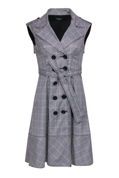 A-line V-neck Dog Houndstooth Print Pocketed Button Closure Belted Collared Dress