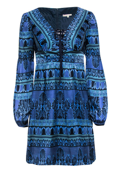 V-neck Hidden Back Zipper Lace-Up Long Sleeves General Print Dress