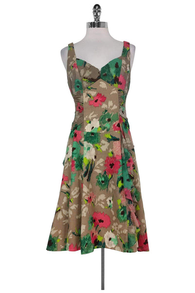 Floral Print Cotton Sweetheart Gathered Hidden Back Zipper Dress With Ruffles