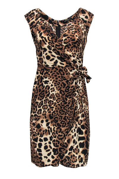 V-neck Sleeveless Silk Hidden Back Zipper Faux Wrap Animal Leopard Print Dress