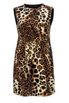 Pocketed Fitted Pleated Silk Animal Leopard Print Round Neck Fit-and-Flare Dress