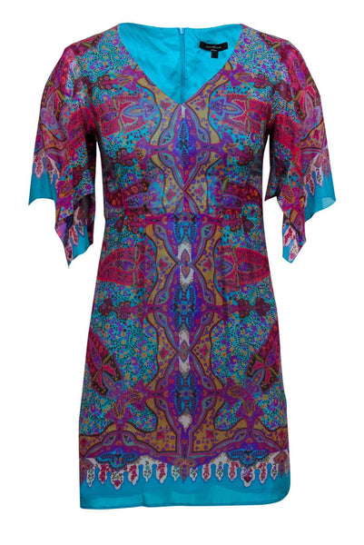 V-neck Paisley Print Silk Fitted Pleated Flowy Dress