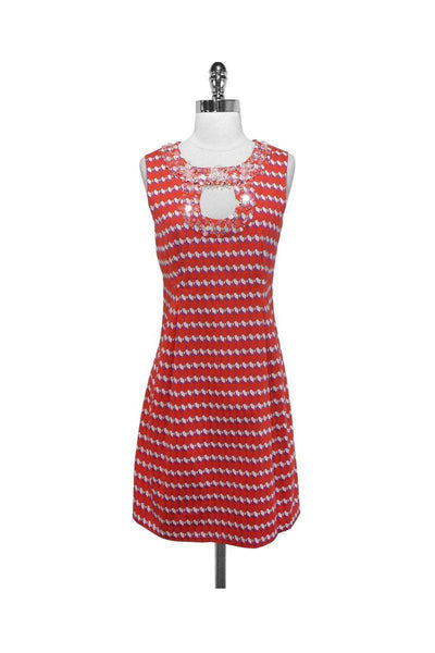 Geometric Print Hidden Back Zipper Beaded Sleeveless Dress