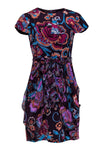 Round Neck Cap Sleeves Floral Print Fit-and-Flare Tie Waist Waistline Hidden Back Zipper Belted Pocketed Fitted Dress