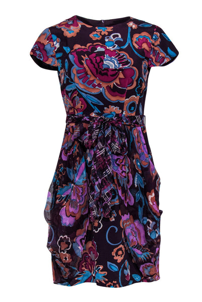 Cap Sleeves Fit-and-Flare Tie Waist Waistline Floral Print Round Neck Pocketed Hidden Back Zipper Fitted Belted Dress