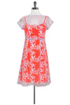 General Print Keyhole Mesh Embroidered Fitted Round Neck Cap Sleeves Fit-and-Flare Dress With Ruffles
