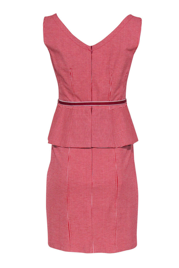 Current Boutique-Nanette Lepore - Red & White Striped Sleeveless Belted Sheath Dress w/ Peplum Waist Sz 4