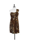 Hidden Back Zipper Gathered Animal Leopard Print One Shoulder Dress