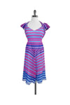 A-line V-neck Hidden Back Zipper Open-Back Cutout Striped Print Silk Short Sleeves Sleeves Halter Dress