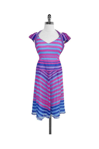 A-line V-neck Halter Striped Print Silk Hidden Back Zipper Cutout Open-Back Short Sleeves Sleeves Dress